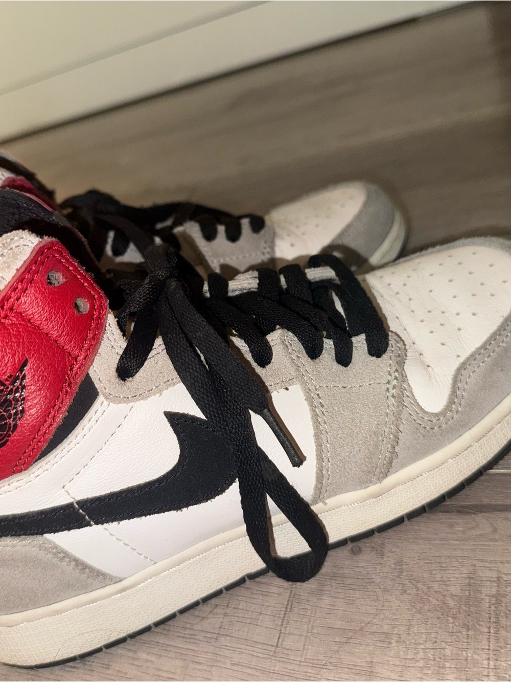 Women’s White, Gray & Red High-Top Sneakers